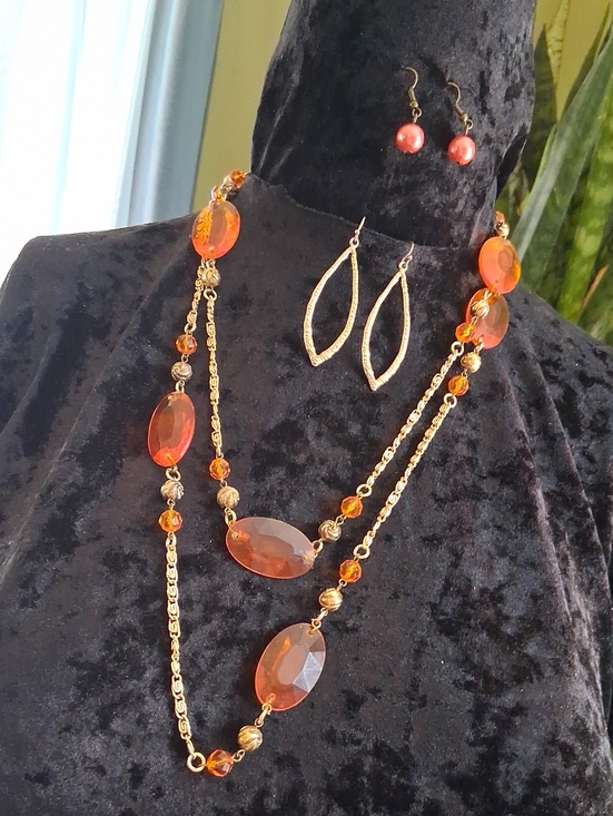 Vintage Jewelry - Vintage Gold and Orange Faceted Bead Long Necklace with Earrings
